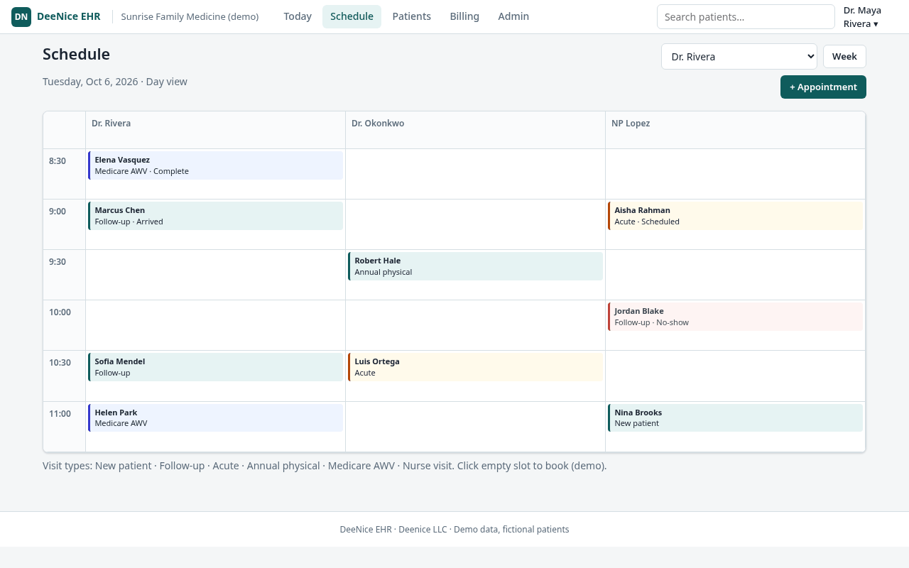 DeeNice EHR schedule screen with a day view of appointments arranged in columns by provider