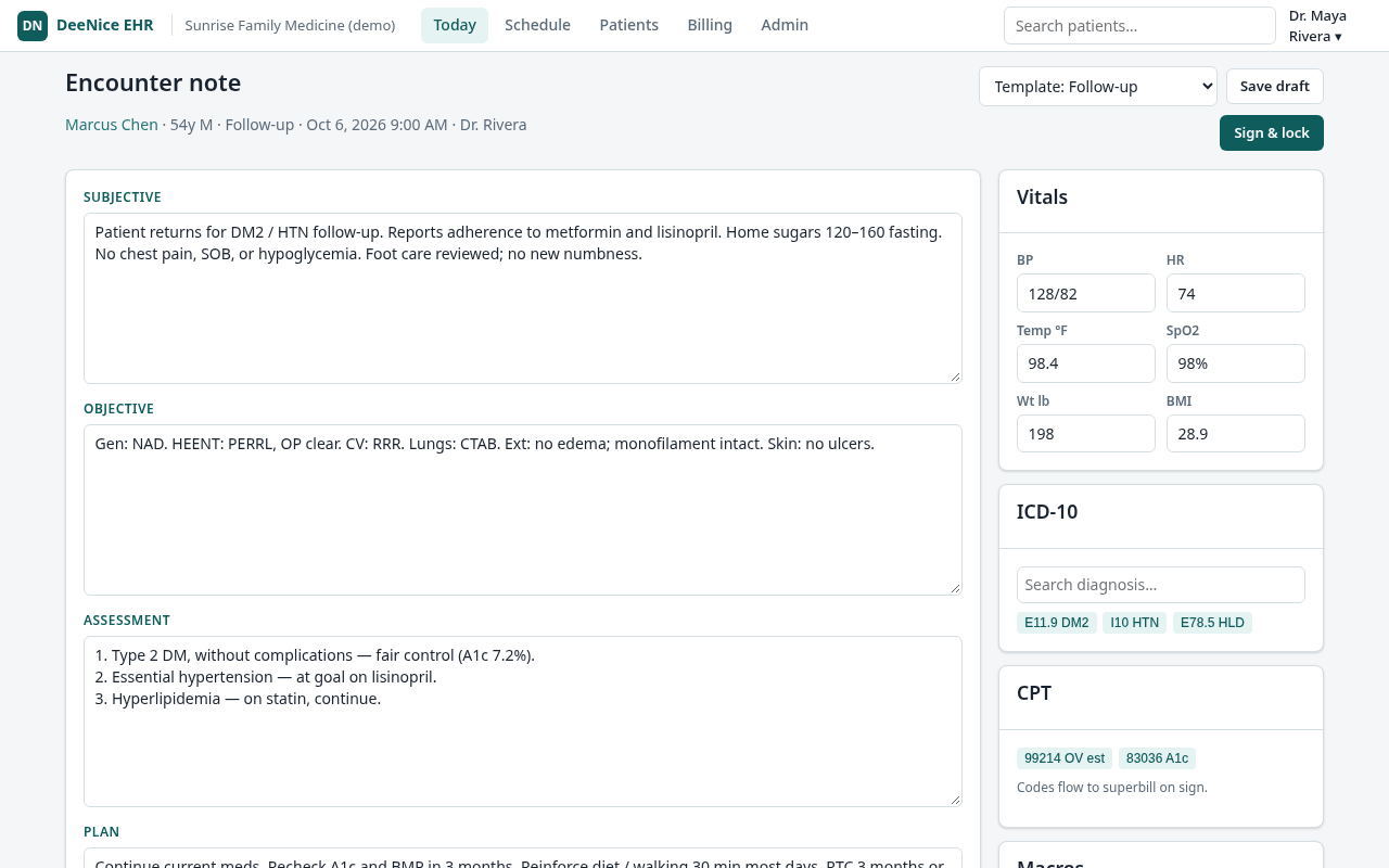 DeeNice EHR visit note editor with SOAP sections, vitals fields, and a side panel of templates and quick phrases