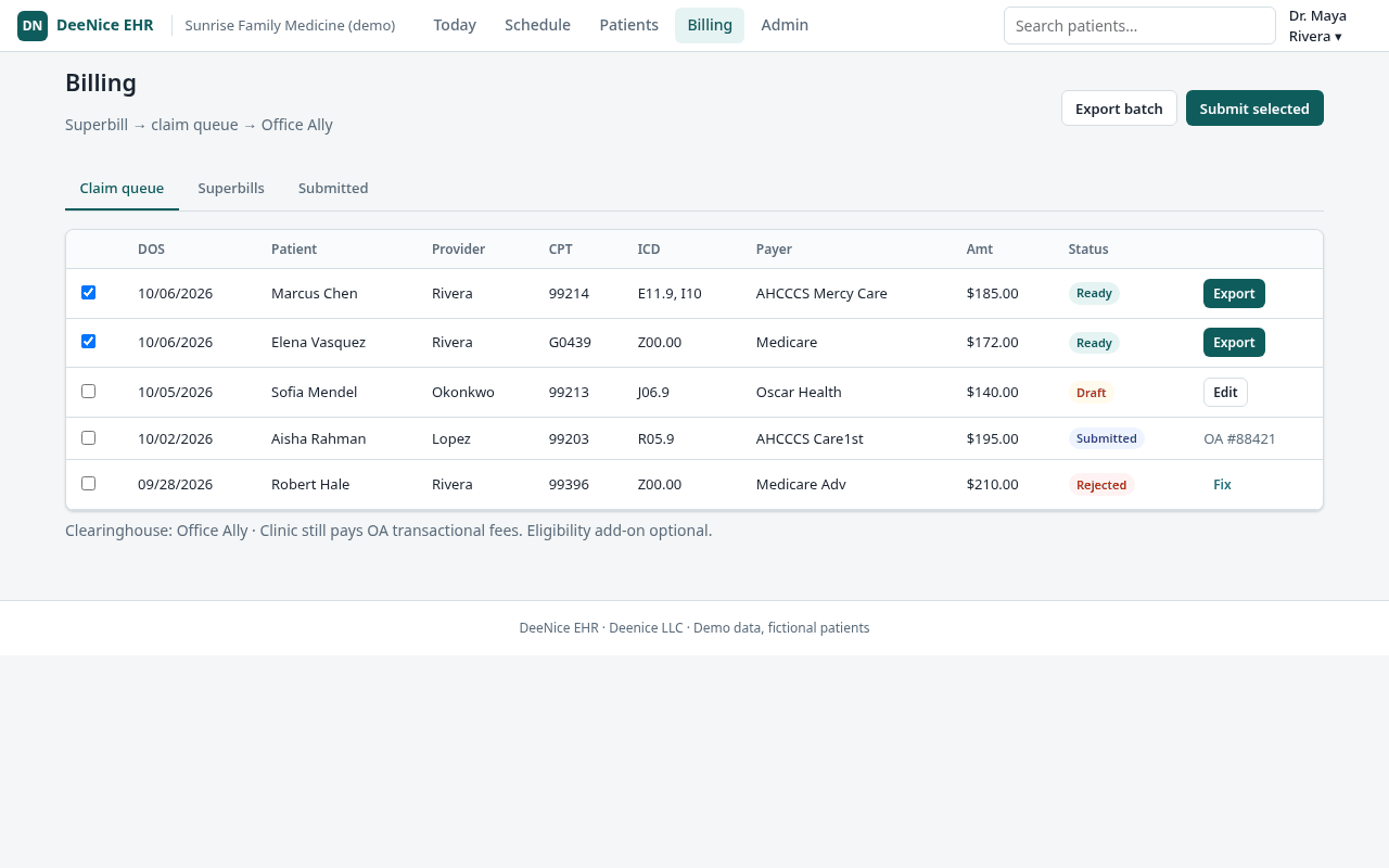 DeeNice EHR billing queue listing claims with statuses such as ready, submitted, and rejected