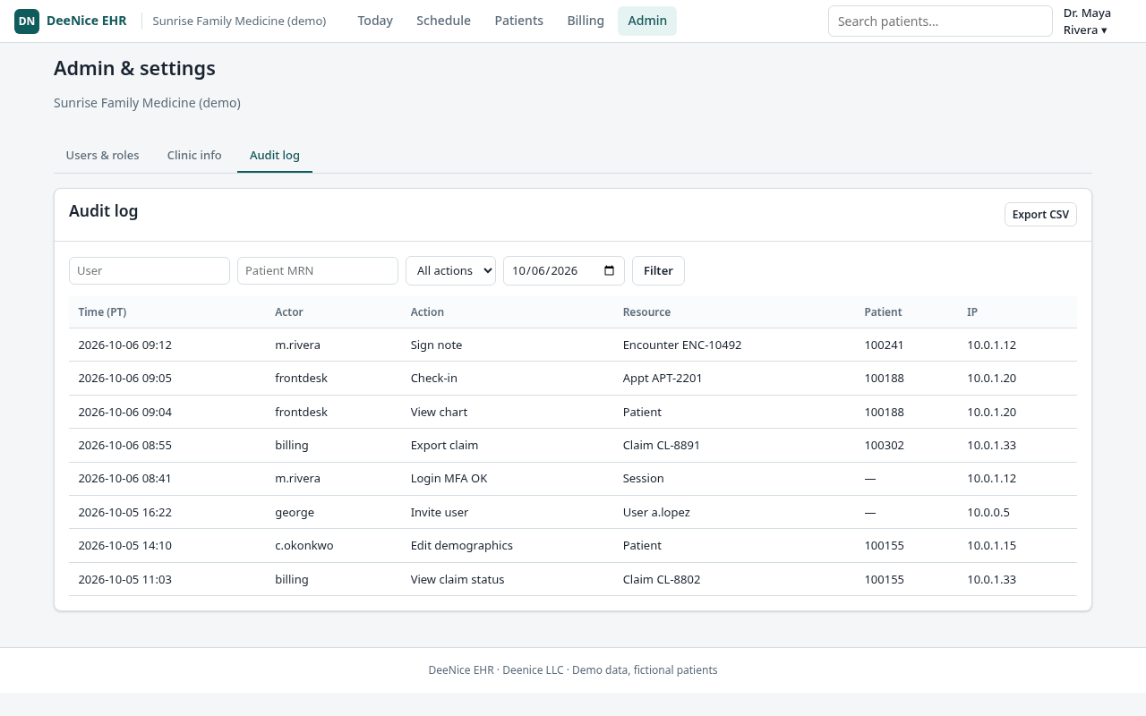 DeeNice EHR admin screen with a user list and an audit log of recorded actions